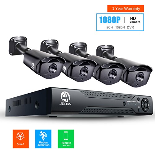 JOOAN 2MP TVI Security Camera System 4 X 1080P Weatherproof TVI Camera with 3.6mm Lens And 1080N 8CH DVR Recorder Support AHD/TVI/CVBS- No Hard Drive