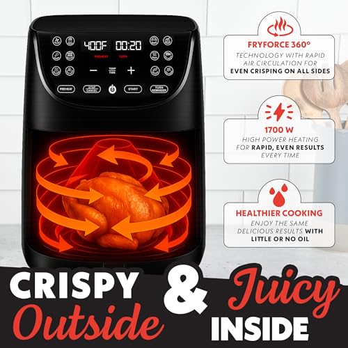 Gourmia Air Fryer Oven Pantalla digital 7 cuartos de galón AirFryer grande 12 ajustes preestablecidos de cocción táctil, cesta de freidora de aire XL 1700w de potencia Multifunción GAF716 Detalles en negro y acero inoxidable FRY FORCE 360°