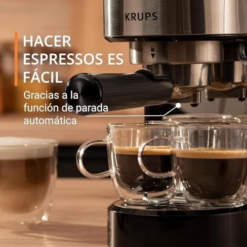 Virtuoso Essential - Cafetera espresso 15 bar, acero inox negro, diseño compacto y elegante, parada automática, espresso y cappuccino, Thermoblock, boquilla de vapor, incluye cuchara, XP4418