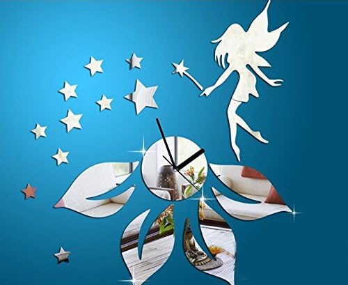 Angel Wings Beautiful Girl Flowers Wall Clock for Lady Kid Bedroom Living Room(Silver)