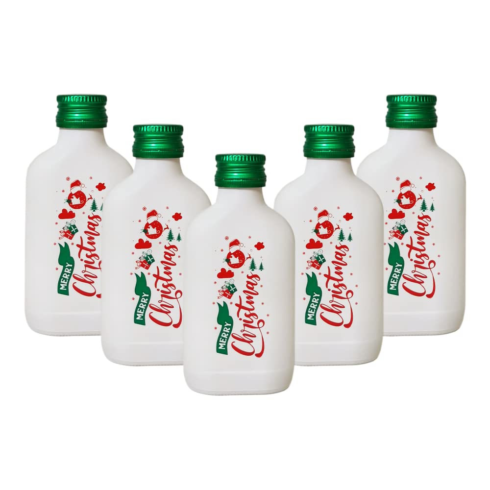 DIAH DO IT AT HOME 10x 100ml Mini Glass Flask Bottles with Green Screw Caps - Empty Clear Pocket Flasks with White 'Merry Christmas' Print for Homemade Liquor, Spirits & DIY Holiday Favors