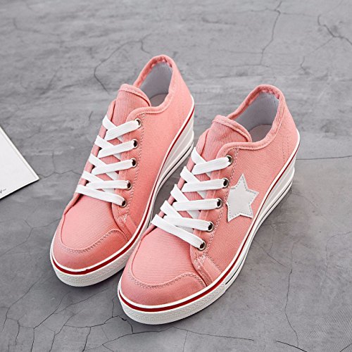 mewow Womens Casual Plus Size Low Top Wedge Heel Star Canvas Shoes Fashion Sneaker (10, Pink Large Star) - Thumbnail 6