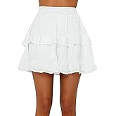Misng Women's Tiered Ruffles Flared Mini Skirt Casual Boho Flowy Pleated Swing Beach Stretchy High Waisted Mini Skirt