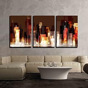 3 Piece Canvas Wall Art - City Skyline at Night - Modern Home Art Stretched and Framed Ready to Hang - 16"x24"x3 Panels