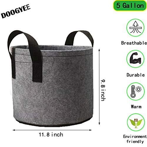 DOOGYEE 5-Pack 5 Gallon Grow Bags Heavy Duty Thickened Fabric Planting Pots with Strap Handles for Potato/Plant Growing (Grey)