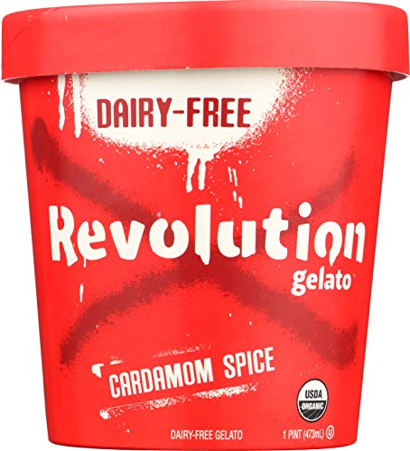 Revolution Gelato 6 Pack Pints: Sampler - 1 chocolate, 1 vanilla, 1 mango, 1 orange, 1 coffee, 1 cardamom; DAIRY-FREE · CERTIFIED ORGANIC · MADE FROM PLANTS · GLUTEN FREE · KOSHER · VEGAN · NO GMOS