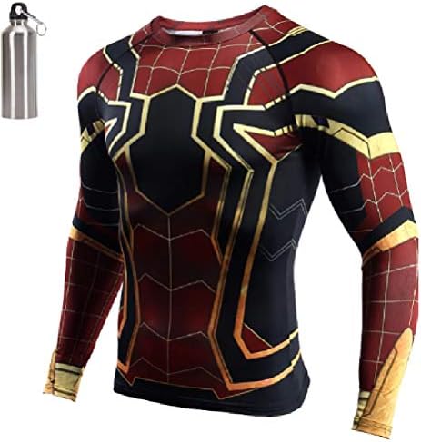 MultiverseMerch Superhero Compression Exercise Fitness Sports Dri-Fit Long Sleeve Shirt with Bonus Free Water Bottle