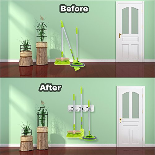 DiGiCare Broom Holder, Wall Mount Mop Holder Broom Hanger Organizer with 3 Ball Slots and 4 Hooks, Holds Up to 7 Tools for Kitchen, Bathroom, Garage - Thumbnail 4