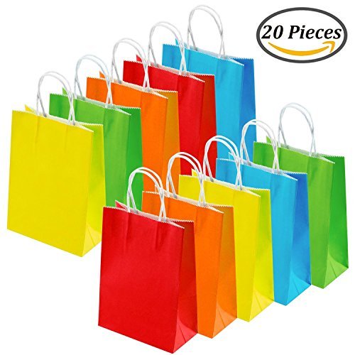Keriber 20 Pieces Party Favor Bags Birthday Gift Paper Bags Kraft Bag Goody Shopping Small Paper Bags with Handle for Birthday, Wedding, Multicolour