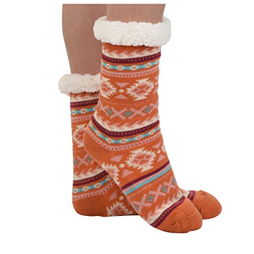 Snoozies Womens Sherpa Lined Knit Festive Winter Fleece Slipper Socks, Orange, Fits Shoe Size 5-10