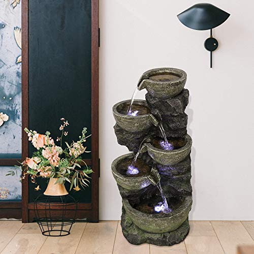PeterIvan Outdoor Water Fountain - 32" H 5 Urns Falling Water Indoor Outdoor Fountain with Lights | Resin Fiberglass Freestanding Waterfall Fountains Features Calming&Relaxing Water Sounds - Thumbnail 2