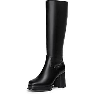 Athlefit Platform Knee High Boots Women Square Toe Chunky Heel Fall Boots | 3.35 Inch Chunky Heel, Pu/Suede Upper, 5mm Cushio