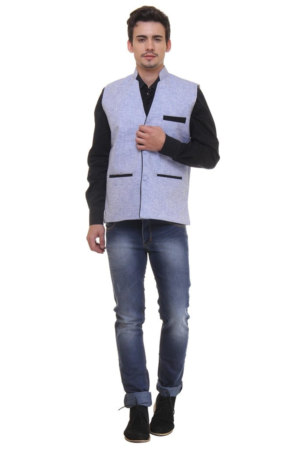 routeen blue casual formal v neck waistcoat linen jackets for men