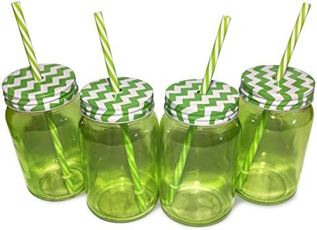 4pc SET - 4pc SET - Tumbler Glass Jars with CHEVRON Lids &amp; Plastic Straws (Green Chevron)