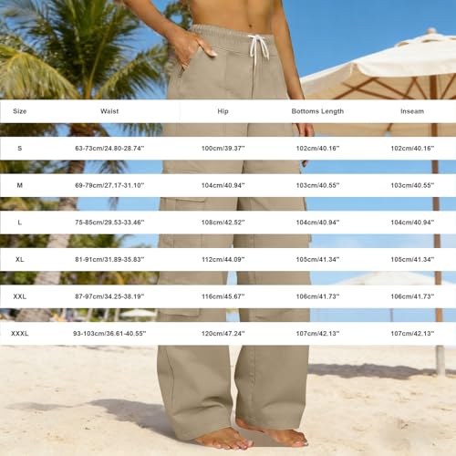 Womens Cargo Trousers UK High Waist Combat Pants with Multiple Pockets Solid Color Drawstring Tracksuit Bottoms Baggy Lightweight Wide Leg Trousers Ladies Casual Jogging Pants Hiking Walking Khaki