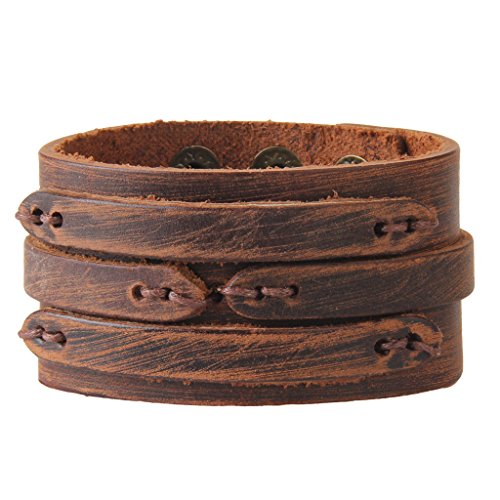 AISHEMI Unisex Adjustable Handmade Genuine Leather Wide Brown Belt Bracelet Bangle Cuff (Brown)