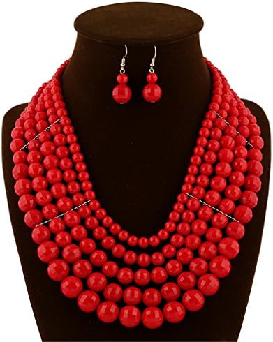 GBLXF Gold Chain Resin Beads Multi layer Nigerian Wedding African Beads Necklace and Earring Set (Red)