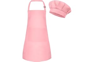 BOUBONI Kids Apron and Chef Hat Set - Adjustable Chef Apron with 2 Pockets - Toddler Chef Hat and Apron for Cooking Baking Painting (Pink)