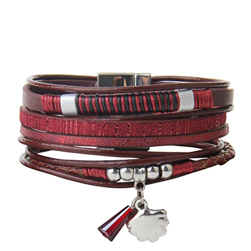 Red Leather Bracelet Charm Cuff Wrap Bangle with Crystal Shell Pendant and Magnetic Buckle By Free Gift Box Jenia