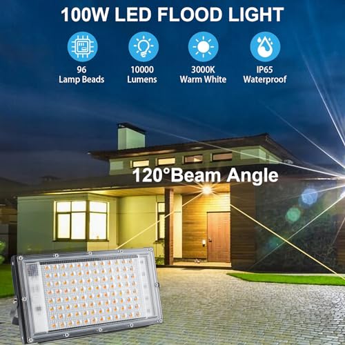 CREATESTAR 100 W LED Outdoor Floodlight, 2 Piece Outdoor LED Spotlight, 10000LM Super Bright 3000K Warm White, IP65 Waterproof Security Lighting for Yard, Garden, Garage