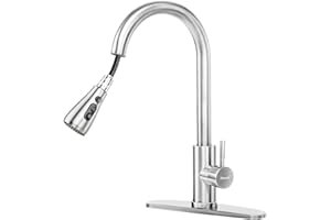 Hoenart Kitchen Faucet with Pull Down Sprayer, High Arc Brushed Nickel Stainless Steel Kitchen Sink Faucet, 1 or 3 Hole Single Handle Kitchen Faucets with Deck Plate 10 Inches