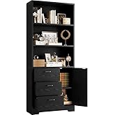 IRONCK Bookshelf with Door and 3 Drawers, 71in Tall Bookcase Shelf with 3-Tier Shelves, for Bedroom Living Room Entrance Hallway Home Office