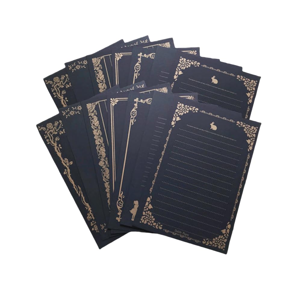 160 Sheets Black Stationary Writing Paper,5 3/4x 8 1/4" Golden-Lace Vintage Stationery Paper with Lines Letter Paper for Office Home School Wedding Invitations or Love Letter 8 Different Patterns