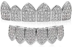 TSANLY Gold Grillz Teeth Set CZ Diamonds Grillz 24k Plated Gold Top & Bottom Grill Hip Hop Bling Iced Out Grillz For Son + Extra Molding Bars + Microfiber Cloth