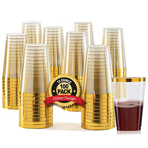 100 Gold Plastic Cups 12 oz Gold Glitter with a Gold Rim Premium