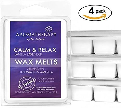 AROMATHERAPY Wax Melts (MANY SELECTIONS) Premium All Natural 6-Piece Soy Wax Melts. Hand made in USA. Naturally Strong Scented Soy Wax Cubes. (4 Pack, Calm &amp; Relax (Lavender Vanilla))