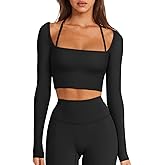LASLULU Womens Sexy Square Neck Crop Top Ribbed Seamless Long Sleeve Workout Tops Halter Neck Athletic Yoga