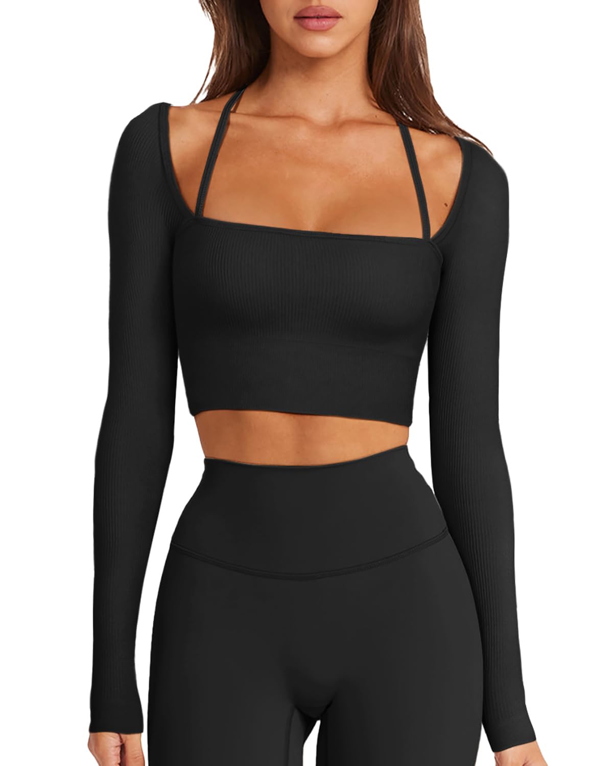 Photo 1 of LASLULU Long Sleeve Workout Tops for Women Sexy Square Neck Crop Tops Cropped T Shirts Exercise Going Out Tops with Built in Bra(Black Small)