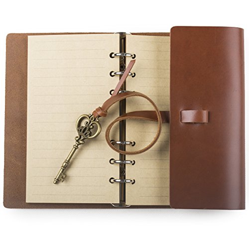 ANCICRAFT Vintage Soft Genuine Leather Journal Diary Notebook Refillable with Key 6-ring Binder Lined Craft Paper A6 (Red brown with key)