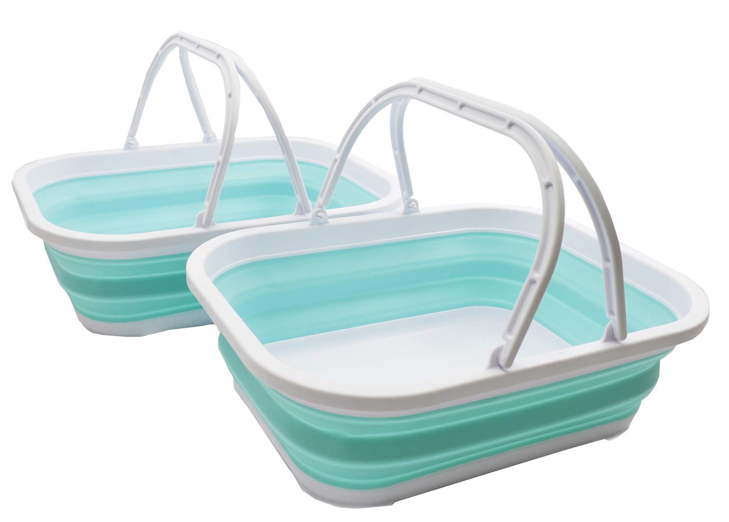SAMMART 12L Collapsible Tub with Handle - Portable Outdoor Picnic Basket/Crater - Foldable Shopping Bag - Space Saving Storage Container (White/Lake Green (Set of 2))