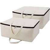 2 Pack Cotton Storage Bags for Duvets, Blankets, Soft Blanket Organizer Bag | 23.6x8.7x17.7",3-side Zip Opening,Breathable,Durable&amp;Tear-Resistant,Sturdy handles,King/Queen Comforters,Down Jackets, Pillow