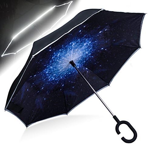 Inverted Umbrella with Reflective Stripe, Self Stand and C Shape Handle Hands Free, UV Protection &amp; Windproof &amp; Waterproof