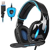 SADES SA902 Stereo Gaming Headset 7.1 USB Surround Sound PC Headsets Over-Ear Gaming Headphones with Microphone LED Light Black Blue