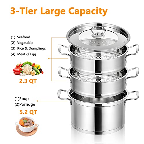 COSTWAY 3Tier Stainless Steel Steamer, 11'' Boiler Pot with Handles on