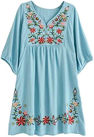 Happyyip Womens White Mexican Embroidered Peasant Dressy Tops Blouses (One Size, Aqua Blue)