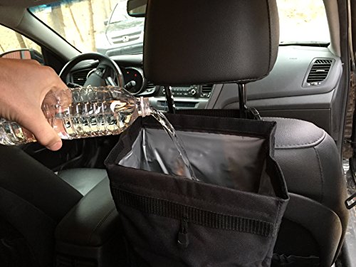 MAXSA Waterproof, leakproof Car Trash bin with Velcro closure to eliminate odors, mounts on headrest or armrest, litter locker, black, 21520