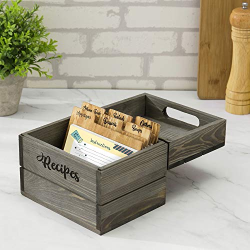 MyGift Vintage Gray Solid Wood Recipe Card Holder Box with Burnt Wooden Label Divider Tabs