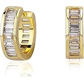 Yellow Gold Plated 925 Sterling Silver Brilliant Cubic Zirconia Huggie Trendy Elegant Hypoallergenic Iced Cz Baguette Hoop Earrings For Men Women