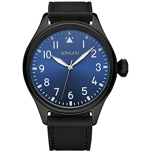 SONGDU Men Quartz Watch with Blue Analog Dial with Arabic Numbers Stainless Steel Case Soft Black Rubber Band