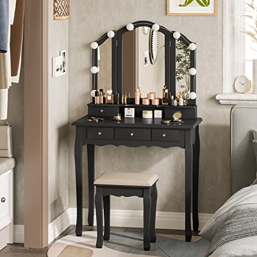 Tiptiper Vanity Table Set, Vanity Desk with Lighted Trifold Mirror and