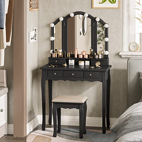 Tiptiper Vanity Table Set, Vanity Desk with Lighted Tri-fold Mirror and Stool, Makeup Dressing Table with 5 Drawers, 3 Light Settings & Adjustable Brightness, Black