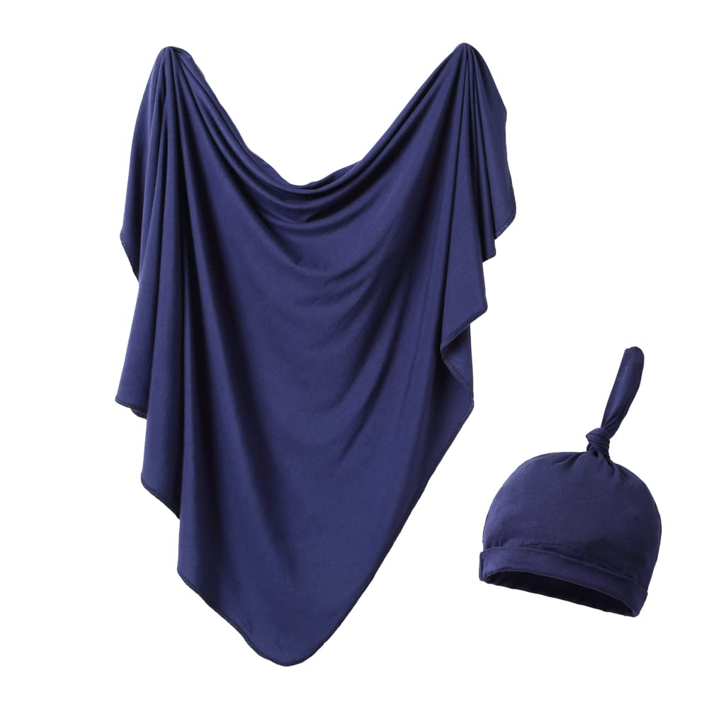 iEvolve Baby Swaddle Blanket with Hat Set Newborn Swaddle Wrap Swaddling Blanket Receiving Blankets for Baby Girls Boys 85 * 85cm(Navyblue)