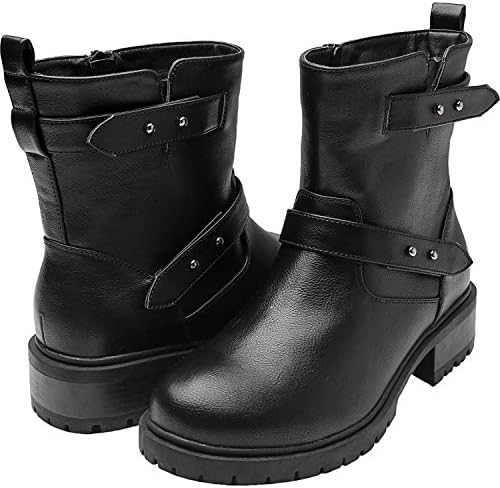 Women's Wide Width Combat Boots - Chunky Block Low Heel Back Pull-tabBuckle Slip On Side Zipper Cozy Winter Boots.