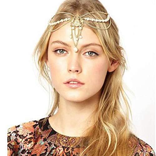 Tgirls Boho Hair Chain Jewelry Gold Pearl Pendant Festival Headband Beads Chain Egyptian Headdress for Women