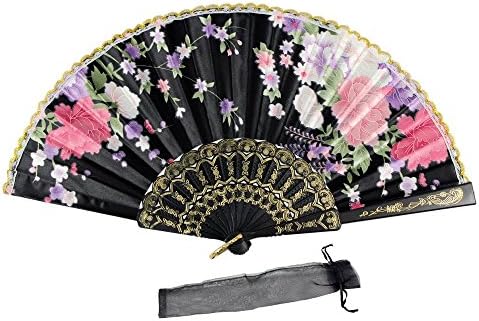 Jsswb Chinese Traditional Luxury Flower Paiting Collection Plastic Hand Fans (Black)