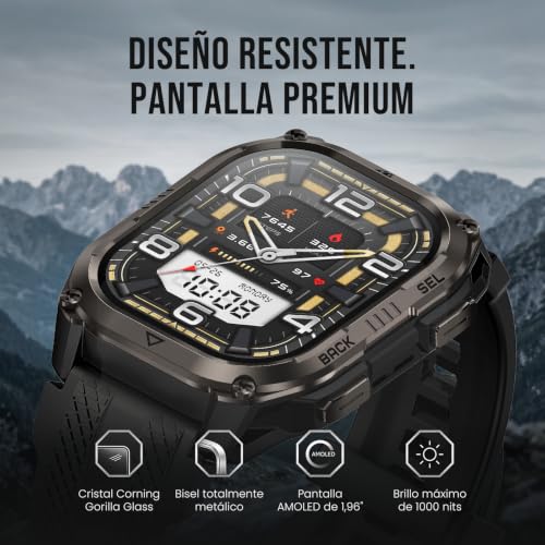 KOSPET Pulse 2 Reloj Inteligente con GPS, 5 ATM e IP69, Batería 15 Días | Smartwatch Militar AMOLED 1.96", Resistente, Linterna LED, 170+ Deportes, Ritmo Cardíaco y Sueño para Android iPhone